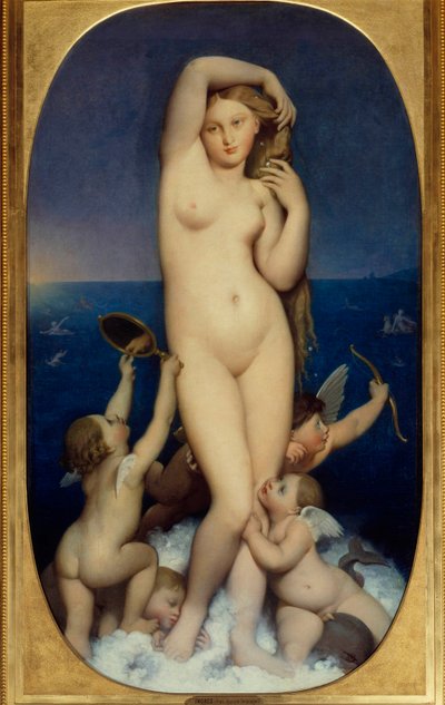 ヴィーナス・アナディオーネ ジャン・オーギュスト・ドミニク・アングル（1780-1867）の絵画 19世紀 太陽。1,6x0,9 m シャンティ、コンデ美術館 - アナディオーネのヴィーナス。ジャン・オーギュスト・ドミニク・アングル（1780-1867）の絵画 作： Jean Auguste Dominique Ingres