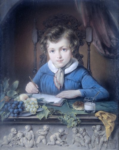 窓際のニッチに座って青いジャケットを着た少年のポートレート 作： Jean Augustin Daiwaille (attributed to)