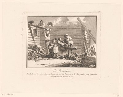 建設中の木造住宅の前のハサミそりの人物像 Le Remouleur (オブジェクトのタイトル) 作： Jean Baptist Leprince