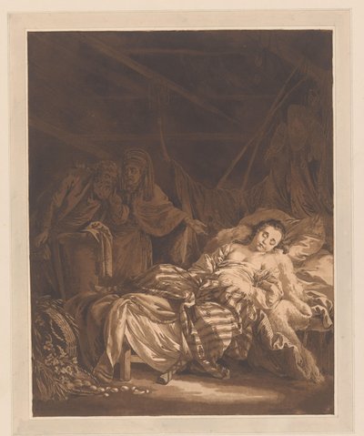漁師の小屋で寝ている娘を両親が発見 作： Jean Baptist Leprince