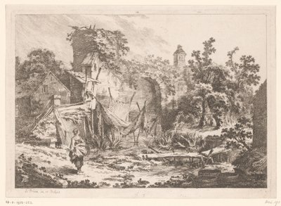 網を張った漁師の家の前の女性 作： Jean Baptist Leprince