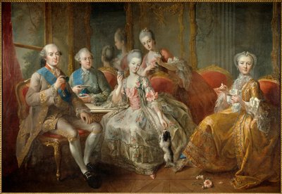 1768年のペンティーヴル公爵家」または「ショコラの袋」：ペンティーヴル公爵（1725-1793）、息子のランバル公爵（1747-1768）、ランバル王女（1749-1792）、娘のマドモアゼル・ド・ペンティーの肖像画が再構成されています。 作： Jean Baptiste Charpentier