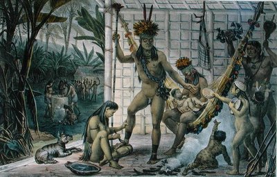 祭りの準備をするカマカン族インディアンの酋長の家族（パリで出版されたJean-Baptise Debret（1768-1848）の「Voyage Pittoresque et Historique au Bresil」からの挿絵 作： Jean Baptiste (after) Debret
