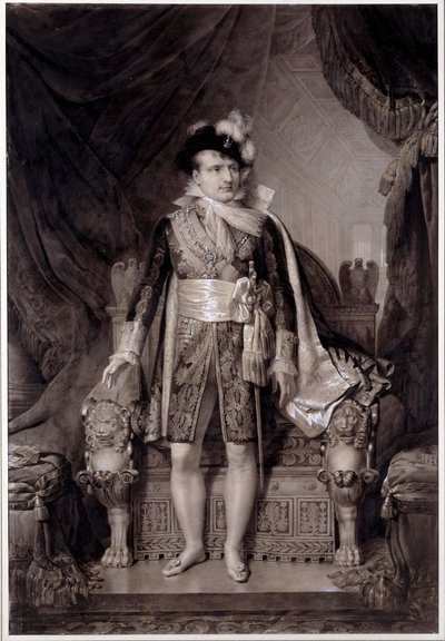 1810年4月2日にオーストリアのマリー・ルイーズ（1791-1847）と結婚衣装を着たナポレオン1世（1769-1821）の肖像」 ジャン・バティスト・イサビー（1767-1855）の絵画の後のエングレーヴィング 1810年 イル・ダン・エイのナポレオン博物館 作： Jean Baptiste (after) Isabey