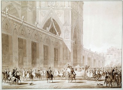 皇帝ナポレオン1世（1769-1821）とインプレス・ジョゼフィーヌ・ド・ボーアルネ（1763-1814）が聖なる日にパリ・ノートルダム大聖堂に馬車で到着する様子 ジャン・バティスト・イサビー（1767-1855）の「聖なる書」の後のプリント 19世紀 作： Jean Baptiste (after) Isabey