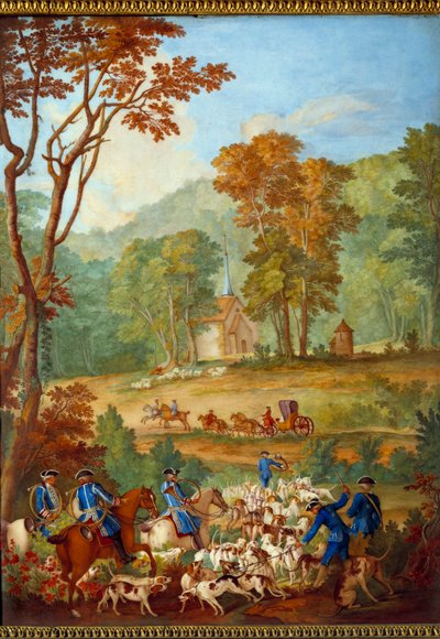 ルイ16世（1754年～1793年）の狩りを描いたプラーク。"コンピエーニュの森で会合に向かう一般的な犬の群れ" フィリップ・カステル（1746年頃～1797年）による磁器画 ジャン・バティスト・ウードリー（1686年～1755年）による1778年～1781年 薄暗い。0,39x0,49 m 作： Jean Baptiste (after) Oudry