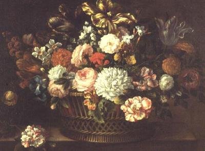 シャクヤク、チューリップ、ナルシスなどの花をバスケットに入れたもの 作： Jean Baptiste (attr. to) Monnoyer
