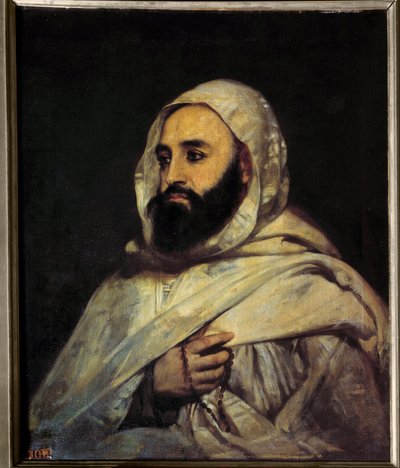 ベン・マヒ・エド・ディン・アブド・エル・カーダー（Abd El-Kader）（1808 - 1883）の肖像（h s/t 0.72 x 0.59） アンヘル・ティシエ（1814 - 1876）の絵画Versailles.Musee du Chateau（シャトー美術館）。 作： Jean Baptiste Ange Tissier