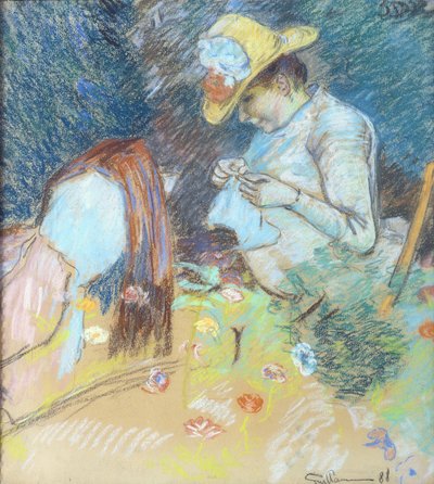 マダムギヨーマンソーイング、1888年（紙にパステル） 作： Jean Baptiste Armand Guillaumin