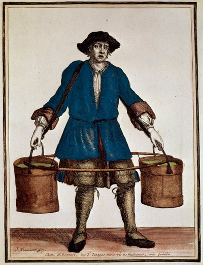 水運び、アンリ・ボナール（1642-1711）とジャン・バティスト・ボナール（1654-1726）によるカラー・エングレーヴィング、『フランス宮廷生活様式集』より 作： Jean Baptiste Bonnart