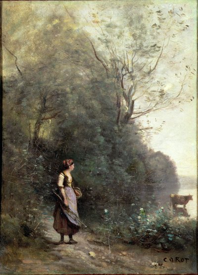森の端で牛を放牧している農民の女性、1865-70年 作： Jean Baptiste Camille Corot