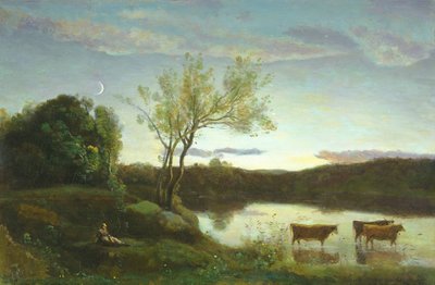 3頭の牛と三日月のある池、c.1850 作： Jean Baptiste Camille Corot