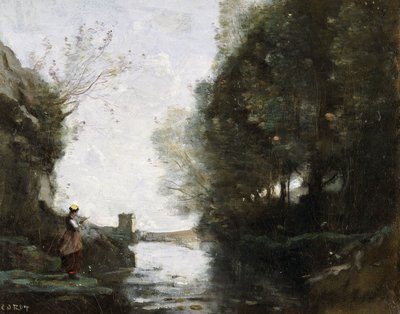 正方形の塔のある川と前景に農夫、1865-70年 作： Jean Baptiste Camille Corot