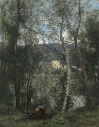 Ville-d&39;Avrayでファゴットを集める女性、c.1871-4（キャンバスに油彩） 作： Jean Baptiste Camille Corot