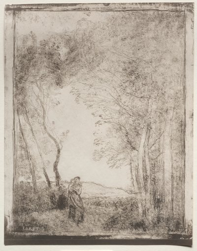 森の入り口にいる若い母親 作： Jean Baptiste Camille Corot