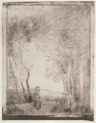 1921年に印刷された、木の入口での若い母親、オリジナルの印象1856。 作： Jean Baptiste Camille Corot