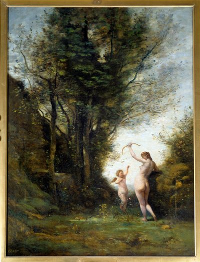 愛を奏でるニンフ。カミーユ・コロー（1796-1875）の絵 作： Jean Baptiste Camille Corot