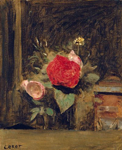 たばこ鍋の横にあるグラスに入った花の花束、1873-74年頃 作： Jean Baptiste Camille Corot