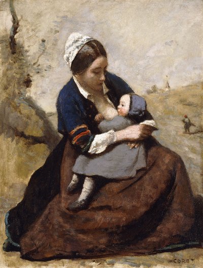 彼女の子供を授乳するブルトンの母乳;彼女の子供を授乳したブルトンヌ、1855-1860 作： Jean Baptiste Camille Corot