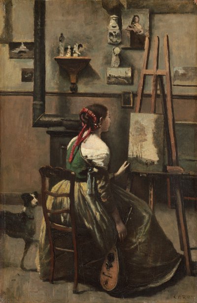 コローのアトリエ：マンドリンを手にイーゼルの前に座る女 作： Jean Baptiste Camille Corot
