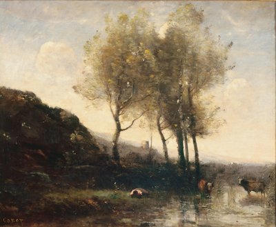 クールヒルズの麓で休憩する牛飼い、1855-65年 作： Jean Baptiste Camille Corot