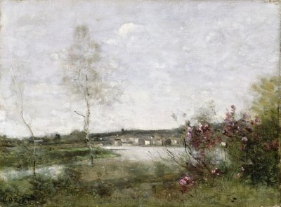 コルベイユの遠景、朝、1870年頃（油彩・カンヴァス） 作： Jean Baptiste Camille Corot