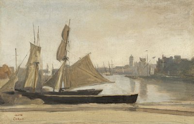 ダンケルク、埠頭につながれた漁船、1830年頃 作： Jean Baptiste Camille Corot