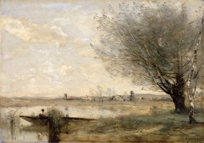 堤防に係留された漁師（油彩・キャンバス） 作： Jean Baptiste Camille Corot