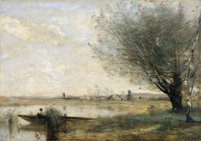 堤防に係留された漁師」1865-70年。   作： Jean Baptiste Camille Corot