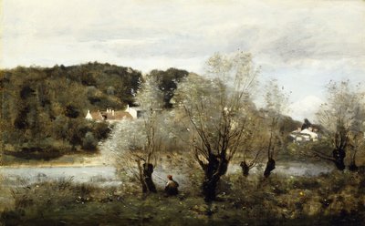 アヴァリの村の池の端にいる漁師。 Pecheur au Bord de L "Etang a Ville d" Avray、c.1850-55 作： Jean Baptiste Camille Corot