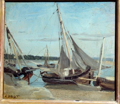 トルビル海峡の漁船。カミーユ・コロー（1796-1875）の絵画 作： Jean Baptiste Camille Corot