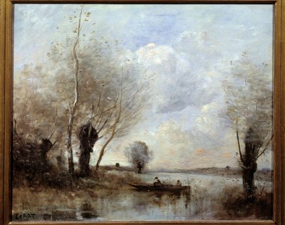 柳のある船で釣りをする カミーユ・コロー（1796-1875）の絵画 19世紀 ランス、ボザール美術館 作： Jean Baptiste Camille Corot
