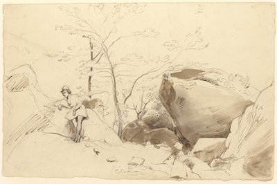 フォンテーヌブロー、岩にもたれる人物 作： Jean Baptiste Camille Corot