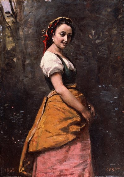 フランス語  Jeune femme en forêt 森の若い女性 作： Jean-Baptiste-Camille Corot