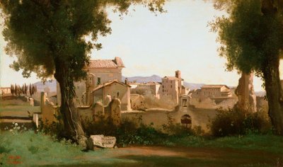 フランス語  Vue depuis les Jardins Farnèse ローマ、ファルネーゼ庭園からの眺め 作： ジャン・バプティスト・カミーユ・コロー
