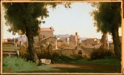 フランス語  Vue depuis les Jardins Farnèse ローマ、ファルネーゼ庭園からの眺め 作： ジャン・バプティスト・カミーユ・コロー