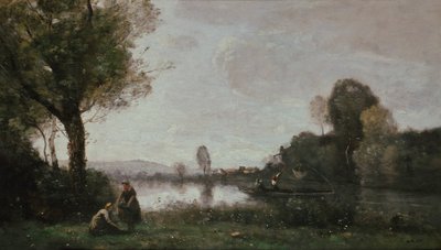 ドイツ語：Flußlandschaft (Die Seine bei Chatou) シャトゥ近郊のセーヌの風景 作： ジャン・バプティスト・カミーユ・コロー