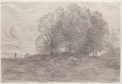 木のグループ、1858。 作： Jean Baptiste Camille Corot
