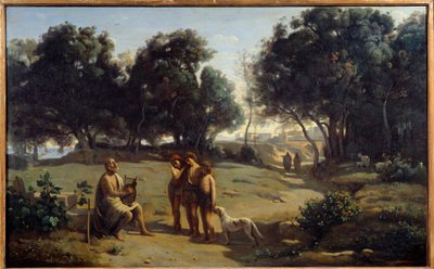 ホメレと羊飼いたち。パトモス島のギリシャの詩人。カミーユ・コロー（1796-1875）の絵画 1845年 Sun.0,8x1,3 m サン・ロー、ボザール美術館 作： Jean Baptiste Camille Corot