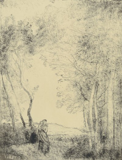 森の入り口の若い母親 作： Jean Baptiste Camille Corot