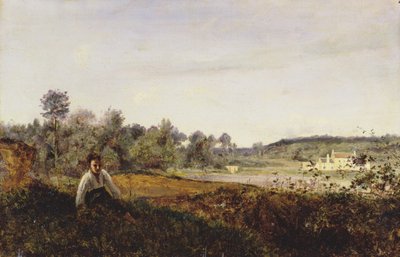 アヴレイのヴィルの谷の眺めに座る若いパトル 1870年頃（油彩・キャンバス 作： Jean Baptiste Camille Corot