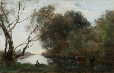 湖です。沈む太陽、c1820-1860 作： Jean Baptiste Camille Corot
