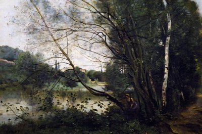 傾いた木の幹のある湖 作： Jean Baptiste Camille Corot