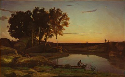 湖とボートマンのいる風景、1839年 作： Jean Baptiste Camille Corot