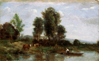 川のある風景、19世紀 作： Jean Baptiste Camille Corot