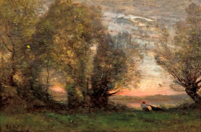 「漁師、夕方の効果」（漁師、夕方の効果） ジャン=バティスト・カミーユ・コロー（1796-1875）による絵画 - 1860-1870年頃 - キャンバスに油彩 Dim 27.7x41.4 cm アートギャラリーオブサウスオーストラリア 作： Jean Baptiste Camille Corot
