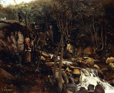 Lormes-立っている農民との急流、紡績ウール、1842 作： Jean Baptiste Camille Corot