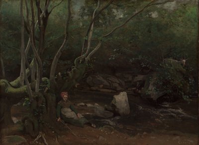 ロルメス：森の中の小川のそばに座っているヤギの女の子 作： Jean Baptiste Camille Corot