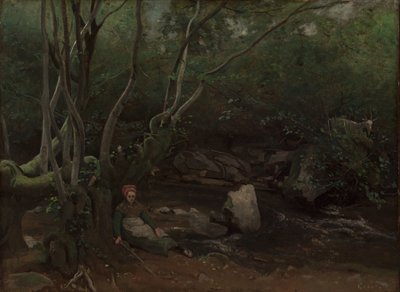 ローム森の小川のほとりに座るヤギの少女 作： Jean Baptiste Camille Corot