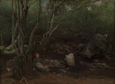 ロルムス：森の小川のそばに座る山羊少女、1842年。 作： Jean Baptiste Camille Corot